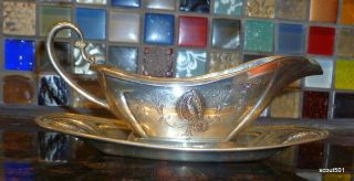 Antique RW&S Wallace Sterling Silver Peacock Pattern Gravy Boat W Saucer 4