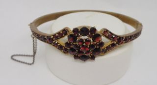 Antique Germany Bohemian Garnet Gold Gilt Hinged Bangle Bracelet