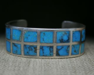 Vintage Native American Zuni Turquoise Inlay Sterling Silver Cuff Bracelet
