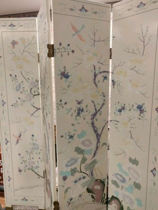 Vintage White 4 Panel Screen Room Divider Carved Flowers,  Birds & Butterflies