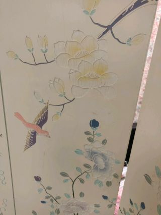 Vintage white 4 Panel Screen Room Divider Carved Flowers,  Birds & Butterflies 5