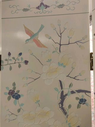 Vintage white 4 Panel Screen Room Divider Carved Flowers,  Birds & Butterflies 7