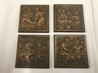 Vintage Set Of Four Bronze Medical Plates 4 " Old Medicine Practice Scenes