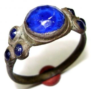 Ancient Medieval Bronze Finger Ring With Seven Blue Stones (gem,  Glass)