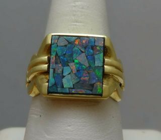 ANTIQUE VINTAGE NATURAL MULTI - STONED OPAL MENS RING 10K YELLOW GOLD 3