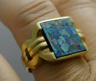 ANTIQUE VINTAGE NATURAL MULTI - STONED OPAL MENS RING 10K YELLOW GOLD 4