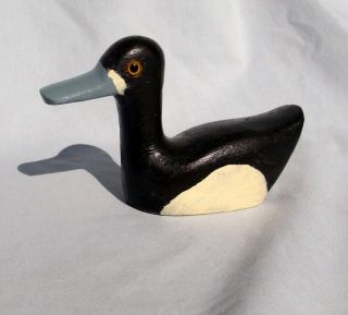 Vintage Blue Bill Duck Hand Carved Wood Painted Glass Eyes Miniature Decoy 4.  75 "