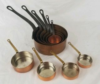 Vintage Antique Mid - Century French Unlined Copper Pots Pans Set,  Measuring Cups