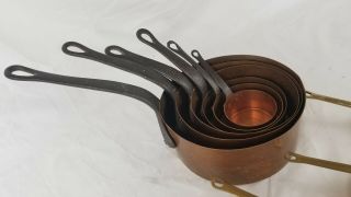 Vintage Antique Mid - Century French Unlined Copper Pots Pans Set,  Measuring Cups 2