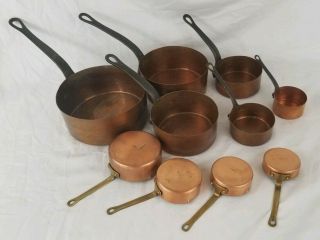 Vintage Antique Mid - Century French Unlined Copper Pots Pans Set,  Measuring Cups 4