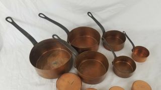 Vintage Antique Mid - Century French Unlined Copper Pots Pans Set,  Measuring Cups 5