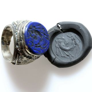 Massive - Post Medieval Silver Plated Luristan Seal Ring With Lapis Lazuli Stone