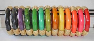 13 Bakelite Bangles With Gilded Metal Applications1950 1960