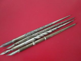 4 Antique Sterling Silver Dip Pens - All Marked Sterling - All Good Cond
