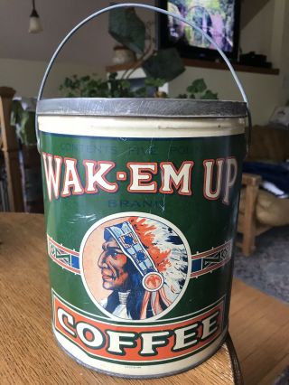 Vintage Wak Em Up Coffee 5 Lb Tin Can Indian Chief Theme - Native American Duluth