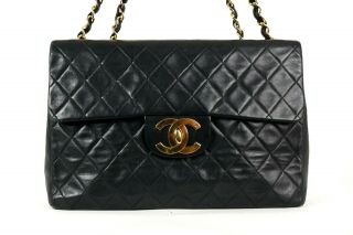 Chanel Vintage Black Quilted Lambskin Maxi Xl Logo Single Flap Bag Ghw