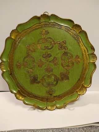 Vintage " Trademark Made In Italy ".  14 " Wood Tray.  Green & Gold.  Very Pretty