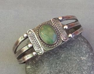 Old Vintage Fred Harvey Era Silver Stamped Green Turquoise Cuff Bracelet