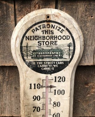 Antique Neighborhood Local Business Trolley Wooden Thermometer Sign 10