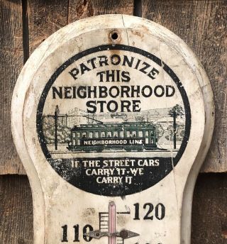Antique Neighborhood Local Business Trolley Wooden Thermometer Sign 11