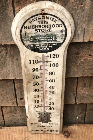 Antique Neighborhood Local Business Trolley Wooden Thermometer Sign 12