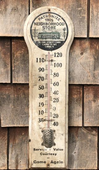 Antique Neighborhood Local Business Trolley Wooden Thermometer Sign