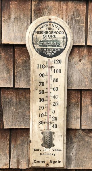 Antique Neighborhood Local Business Trolley Wooden Thermometer Sign 2