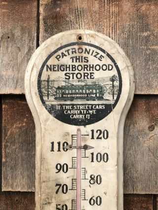 Antique Neighborhood Local Business Trolley Wooden Thermometer Sign 3