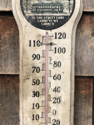 Antique Neighborhood Local Business Trolley Wooden Thermometer Sign 4