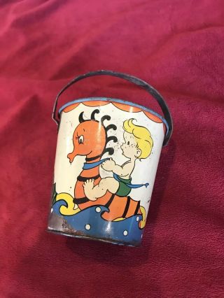 Vintage 4 - 1/2” Ohio Art 128 Beach Scene Sand Pail With Handle.