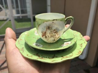 Antique Porcelain Green Trio Cup Saucer Dessert Cake Plate Gilt Art Cherubs Nr