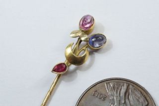 Antique Russian ? 14k Gold Pink & Blue Sapphire Ruby Floral Stickpin C1900