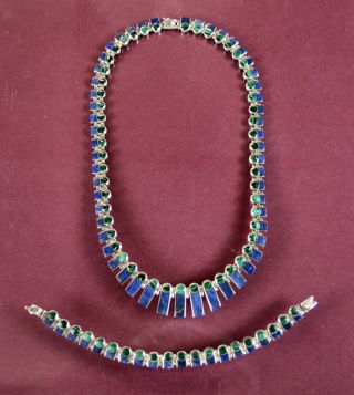 Vintage Mexico 950 Silver Lapis & Malachite Necklace & Bracelet Set Spectacular