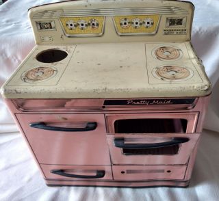 Marx Pretty Maid Toy Oven Range Stove Kitchen Tin Litho Pink Large 1950s Vtg