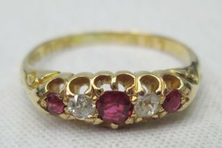 Fine Antique Edwardian 18ct Gold Five Stone Old Cut Diamond & Ruby Ring