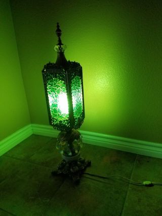 Vintage Swag,  Green W/ Hanging Crystal,  Glass Lamp,  Underwriters Laboratories