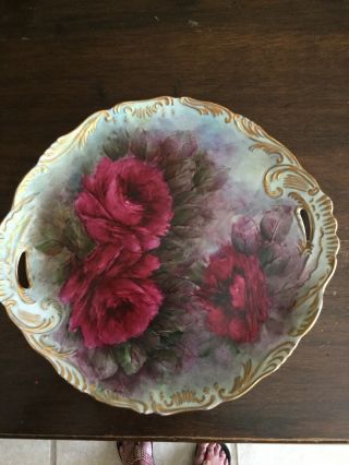 Vintage Hand Painted Red Rose Platter With Handles