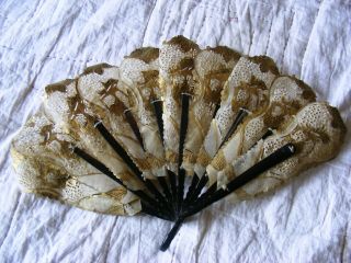 Unusual Antique Fan Parchment With Wooden Sticks Hand Painted Gold Figures