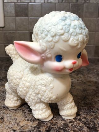 Vintage 1950s Sun Rubber Co Blue White Pink 6 " Lamb Baby Sheep Squeak Toy 1955
