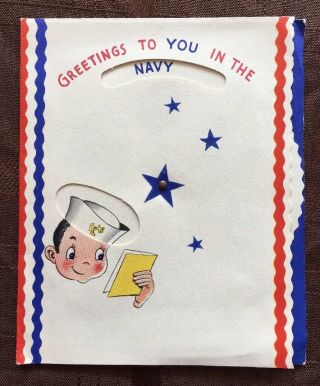 Terrific Vintage Wwii Moveable Greeting Card Navy Army Marines Coast Guard,
