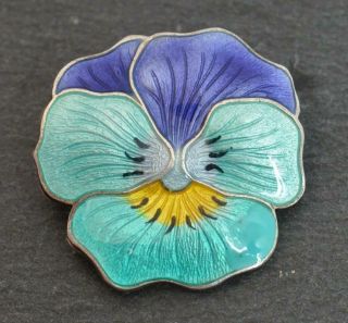 Antique Solid Silver & Turquoise Enamel Pansy Flower Brooch