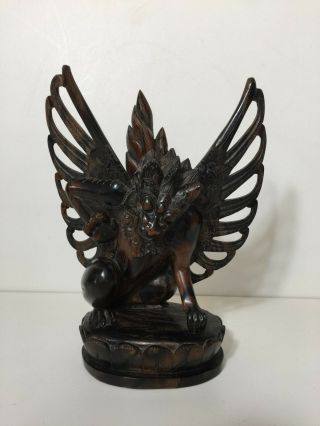 Vintage Bali Balinese Java Hindu Garuda Bird Statue,  Hand Carved Dark Wood,  9 
