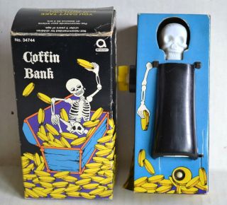 Vintage Mechanical Windup Skeleton Coffin Bank W/box - Hong Kong 523
