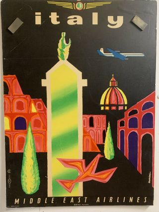 Mea Middle East Airlines Vintage Travel Poster Italy Auriac Boac 1960