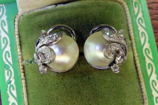 Vintage palladium ART DECO ANTIQUE 1920 ' s 1930 ' s MABE PEARL DIAMOND earrings C4 2