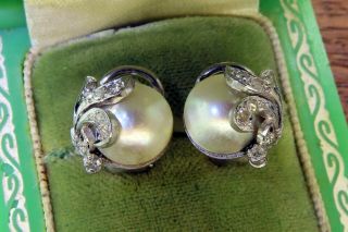 Vintage palladium ART DECO ANTIQUE 1920 ' s 1930 ' s MABE PEARL DIAMOND earrings C4 3