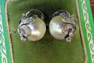 Vintage palladium ART DECO ANTIQUE 1920 ' s 1930 ' s MABE PEARL DIAMOND earrings C4 4