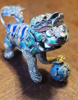 Antique Chinese Filigree Gilt Silver Enamel Foo Lion Dog,  Head Swivels.
