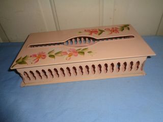 Vintage Metal Pink Tole Painted Floral Tissue Box Holder - Wall Mount Shabby Chic