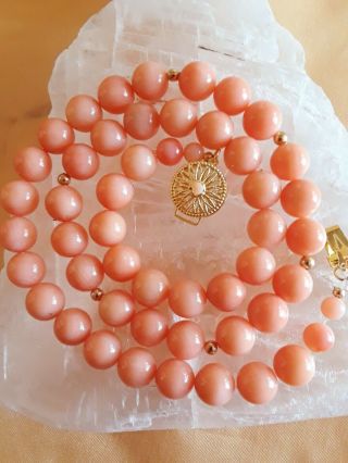 Estate Vintage 14k Gold Pink Rose Angel Skin Coral 40gr 8mm 17 " Necklace